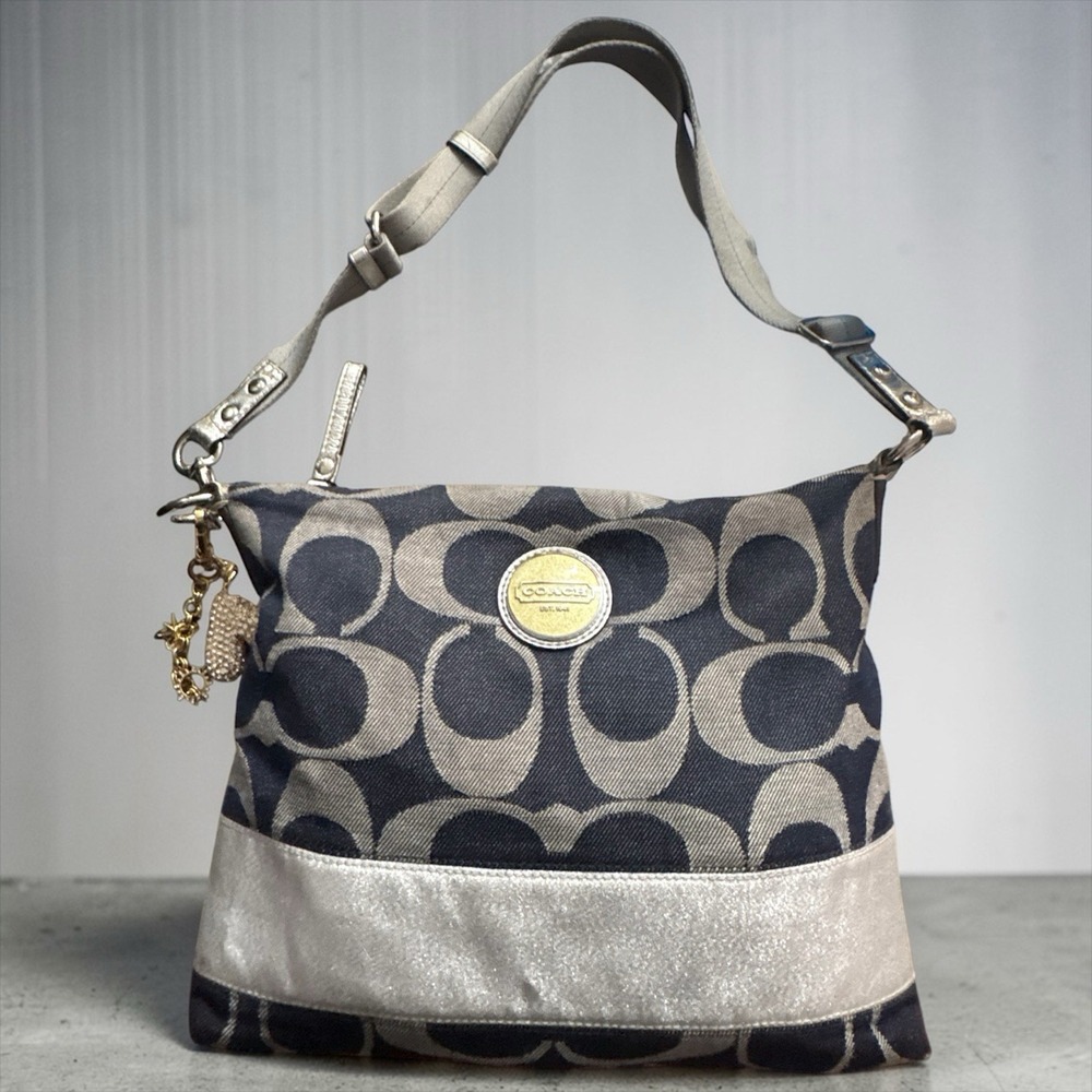 Vintage Y2K Coach Carly Signature Blue Denim Silver Stripe Hobo Satchel Purse - Picture 9 of 12